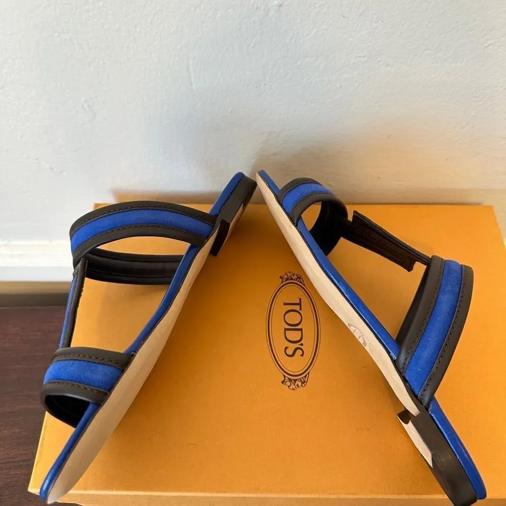 Tods Women’s open toe, slip-on leather blue stylish sandals size 7, NIB